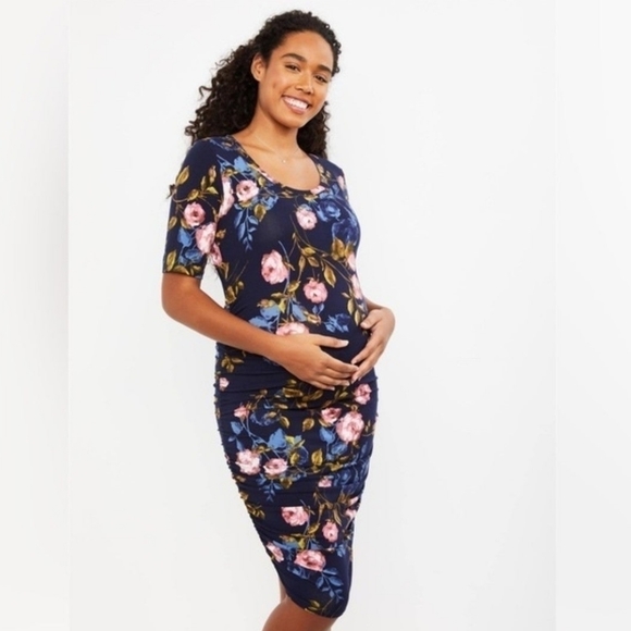 Motherhood Maternity Dresses & Skirts - Motherhood Maternity Navy Floral Short Sleeve Ruched Maternity Dress Size Small